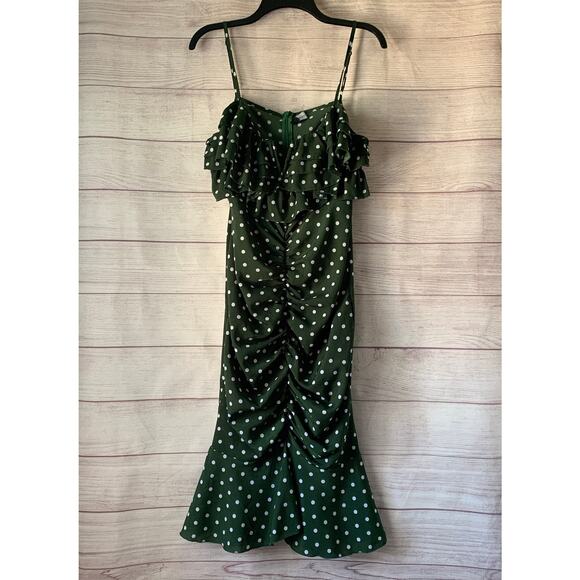 PrettyLittleThing Green and White Polka Dot Dress Ruffle Top Ruched Size 10 - Picture 1 of 16
